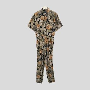 Vintage 80s Liz Wear Neutral Tan Green Tropical Floral Short Sleeve Jumpsuit - L